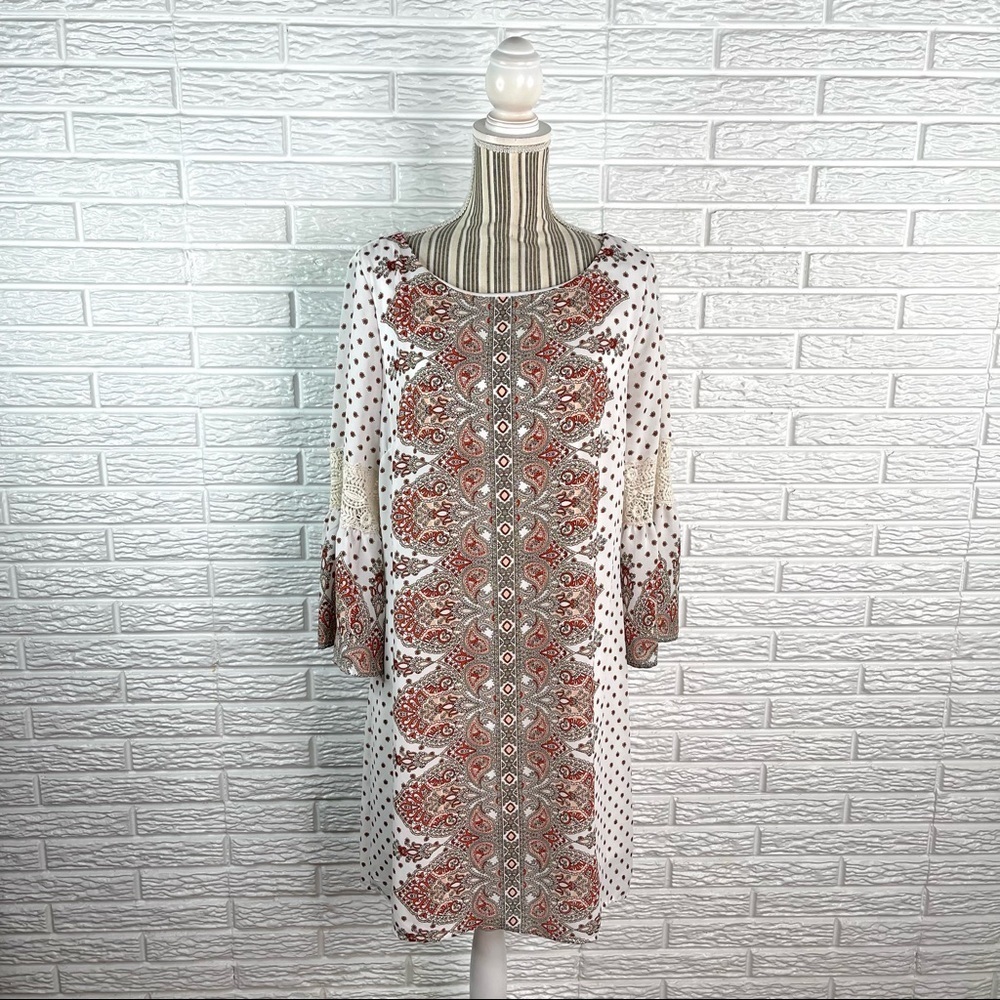 Luxology Boho Paisley Patterned Long Bell Sleeves Sheath Dress Lace Size 10